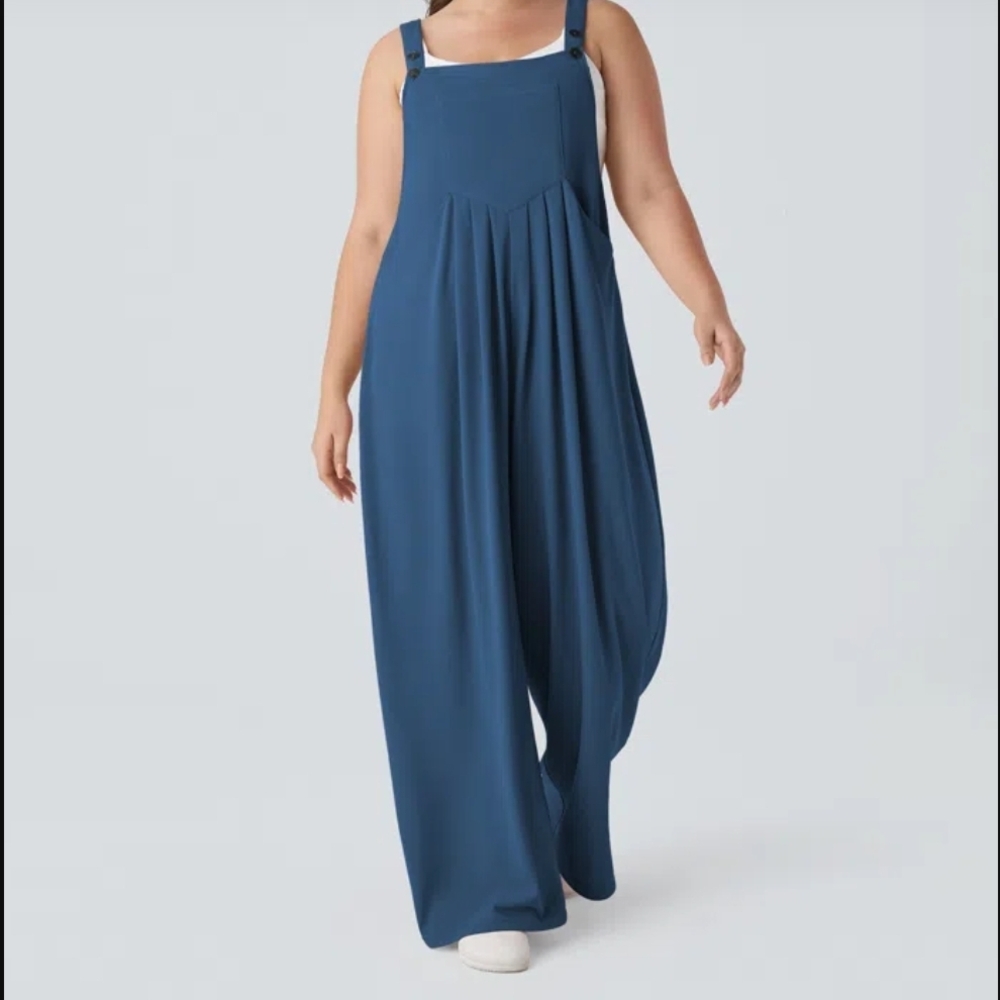 HALARA 3X Deep Blue Wide-Leg Jumpsuit with Adjustable Straps